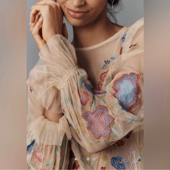 Anthropologie Sheer Floral Embroidered Blouse - Picture 2 of 6